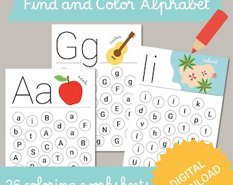 ABC Find and Color Worksheets: Homeschooling Alphabet Workbook (Digital Download)
