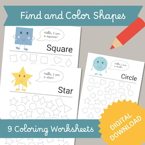 Shapes Coloring Worksheets: Learn Basic Shapes - Preschool Kindergarten (Digital Download)