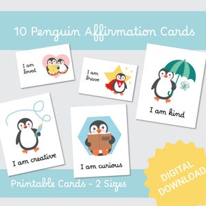 Tarjetas de afirmación para niños, 10 mensajes positivos para imprimir con un lindo pingüino para niños, descarga instantánea, notas motivacionales sobre salud mental