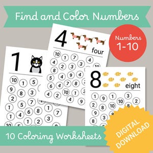 May include: Ten black and white printable worksheets for kids to practice counting and coloring numbers 1 through 10. Each worksheet features a different number with a corresponding image and a word for the number.  The worksheets are labeled "Find and Color Numbers 1-10" and "10 Coloring Worksheets".