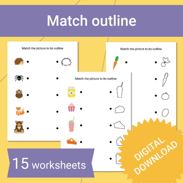 Outline matching kids printable workbook, first learning draw lines homeschooling digital download colorful children pre-k fun worksheets