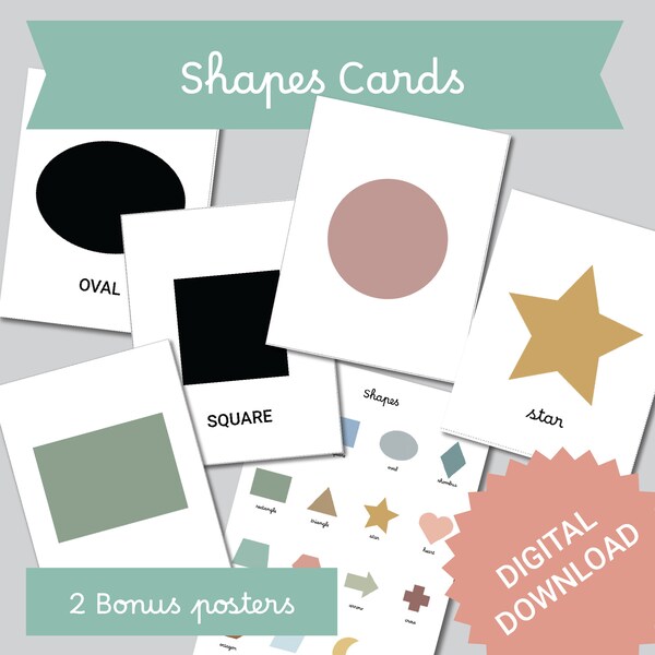 Shapes kids flashcards, black and white and pastel printable homeschooling children cards, triangle, square, circle..., plus 2 bonus posters