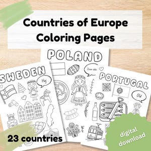 以下が含まれることがあります： ヨーロッパの国のイラストが描かれた白黒の塗り絵。ページには「Countries of Europe Coloring Pages」、「SWEDEN」、「POLAND」、「PORTUGAL」の文字が表示されています。画像には「23 countries」と「digital download」の文字も含まれています。