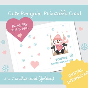 Carte imprimable pingouin mignon, conception de pingouin mignon, belle carte imprimable amusante pour les enfants, amis animaux coeur rose en téléchargement numérique