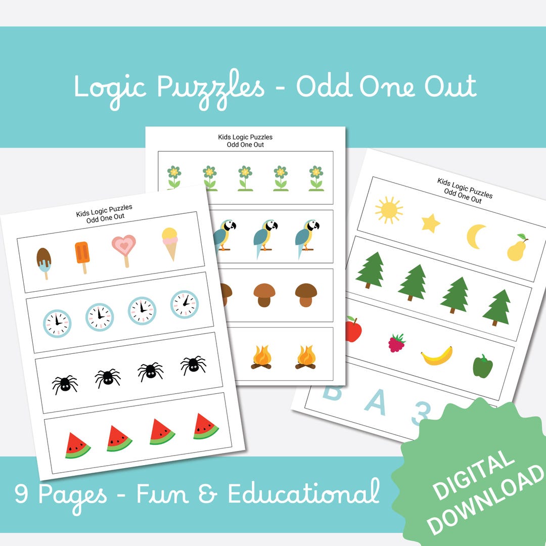 Odd One Out Worksheets for Kids, 9 Children Logic Puzzles