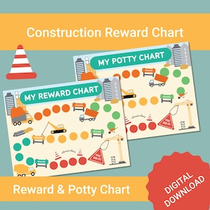 Cuadro de recompensas para niños en construcción, rastreador de motivación para el entrenamiento para ir al baño, hoja de establecimiento de objetivos para niños pequeños, vehículos, autos, descarga instantánea