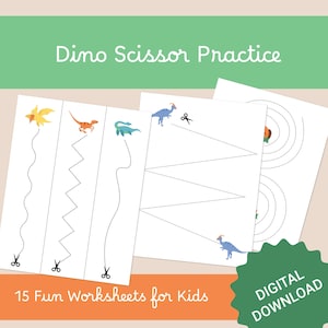 May include: A printable set of 15 dinosaur themed scissor practice worksheets for kids. The worksheets feature various dinosaur illustrations and dotted lines for cutting practice. The text "Dino Scissor Practice" and "15 Fun Worksheets for Kids" is included on the page.  The text "Digital Download" is also included on the page.