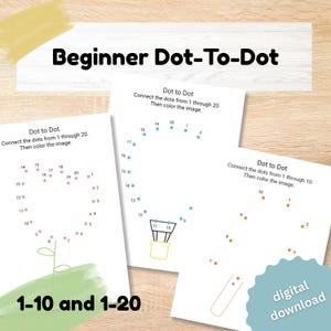Hojas de trabajo para unir los puntos y colorear, aptas para principiantes. Solo números del 1 al 10 y del 1 al 20. Imprimibles educativos para jardín de infantes. Reconocimiento de números.