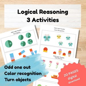 Raisonnement logique, énigmes logiques pour enfants : objets retournés, un objet impair, activité de reconnaissance des couleurs, 20 pages imprimables (téléchargement PDF)