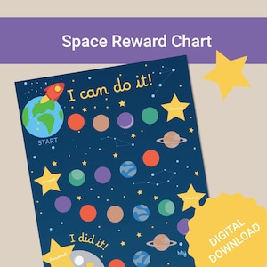 宇宙をテーマにした子供向けの報酬表、前向きな行動と目標設定を促すモチベーショントラッカー、すぐにダウンロードできる目標シート、惑星