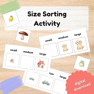 Könnte beinhalten: Lehrreiche Größen-Sortieraktivität mit Illustrationen von Zitrone, Pilz, Haus, Auto, Welpe und Vogel. Die Karten sind mit "klein", "mittel" und "groß" beschriftet. Der Text "Size Sorting Activity" wird angezeigt.
