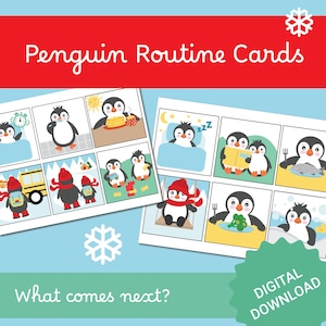 Afdrukbare pinguïnkaarten met dagelijkse routine voor kinderen, activiteiten bestellen, wat er daarna komt, peuter en pre-K Fun Winter Educatieve digitale download