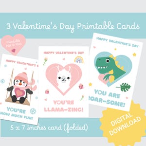 3 druckbare Valentinstagskarten, süßer Pinguin, Lama, Dino-Design, Kinder druckbare Karte, Tiere Freund rosa Herz digitaler Download