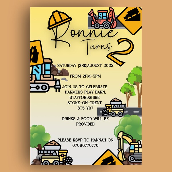 Editable Construction Birthday Template Invitation, Yellow Digger, Yellow Dump Truck, Digital E-Invite, Digital Download Birthday Invite