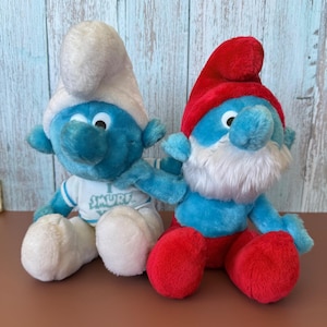 Papa Smurf & Smurf w Shirt Plush Peyo Wallace Berrie Stuffed Animal 10&quot; 1979