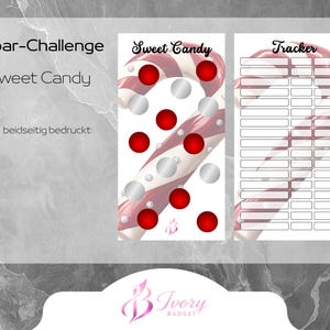 Könnte beinhalten: Grafikdesign mit Candy-Cane-Motiv, mit rot-weißen Streifen, roten und silbernen Kreisen und den Worten "Sweet Candy" und "Tracker". Das Design befindet sich auf einem weißen Hintergrund mit Marmoreffekt.
