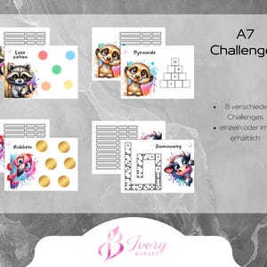Può includere: Stampabili A7 Challenges con illustrazioni di animali ed enigmi. Include un procione, un suricato, un fenicottero e una mucca. Il testo recita "Lese ziehen", "Pyramide", "Rubbein" e "Dominoweg".
