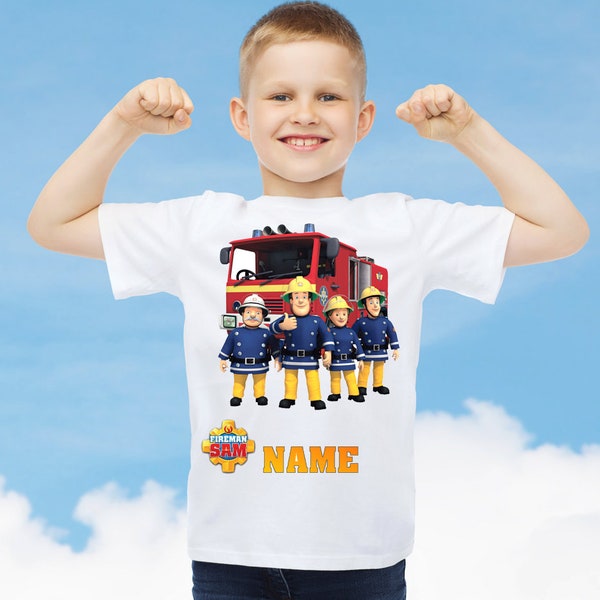 Feuerwehrmann Sam Thema Kinder personalisiertes Geburtstags-T-Shirt in verschiedenen Farben