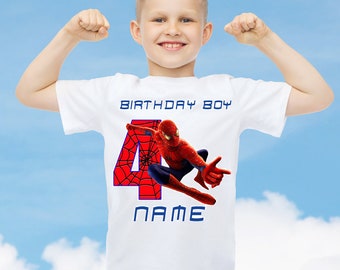 Spiderman Theme Kids Personalised Birthday T shirt Any Name Any Age