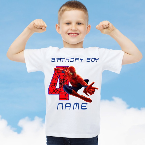 Maglietta di compleanno personalizzata per bambini a tema Spiderman Qualsiasi nome di qualsiasi età