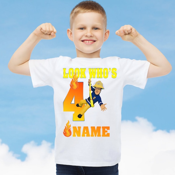 Feuerwehrmann Sam Theme Kinder personalisierte Geburtstag T-Shirt Jeder Name Jedes Alter