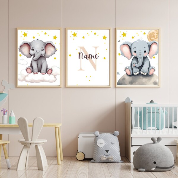 Elephant Dreams Customizable Wall Art Digital Download Nursery Kids Baby Name Decor