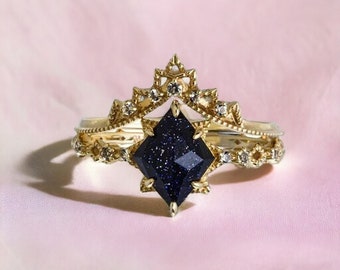 Bague en grès bleu galaxie, taille réglable, ensemble de bagues en grès bleu - bague de promesse, de fiançailles, d'anniversaire (femme)