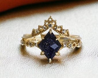 Blauer Galaxie-Sandstein-Ring, verstellbare Größe, blaues Sandstein-Ring-Set – Versprechen, Verlobung, Jubiläumsring (Damen)