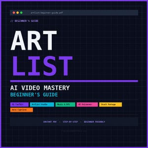 Può includere: Una guida digitale intitolata "ART LIST" con il sottotitolo "AI VIDEO MASTERY BEGINNER'S GUIDE". Il design presenta uno sfondo blu scuro con un motivo a griglia, testo bianco e viola di grandi dimensioni e pulsanti rettangolari colorati.