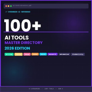 Può includere: Un documento digitale intitolato 100+ AI TOOLS MASTER DIRECTORY 2026 EDITION con uno sfondo viola scuro. Presenta un'intestazione in stile browser, il testo EVERGREEN AI REFERENCE e otto etichette di categoria colorate: Writing, Coding, Image, Video, Voice, Research, Automation e Productivity.
