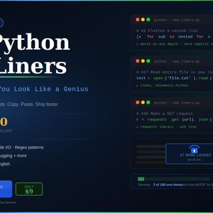 May include: A dark blue graphic with the text "100 Python One-Liners" and "That Will Make You Look Like a Genius." It includes code snippets and a call to action to download the PDF.