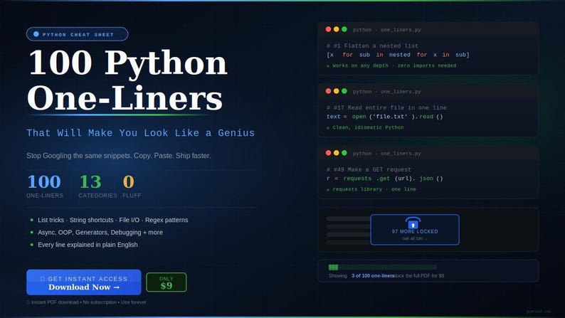 May include: A dark blue graphic with the text "100 Python One-Liners" and "That Will Make You Look Like a Genius." It includes code snippets and a call to action to download the PDF.