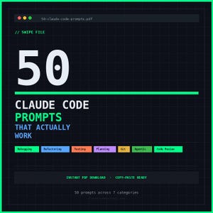 Peut inclure: Graphique numérique sur fond noir avec bordure verte. Le texte indique "50 CLAUDE CODE PROMPTS THAT ACTUALLY WORK". Des blocs colorés avec des termes liés au code sont en dessous. Téléchargement PDF instantané.