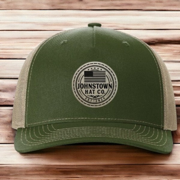 Custom Leather Patch Hat, Leatherette, Trucker Style, Snapback, Richardson 112