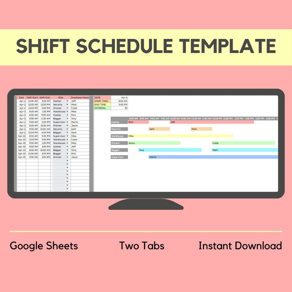 SHIFT SCHEDULE TEMPLATE | Employee Tracker | Shift Calendar | Hour Tracker | Google Sheets