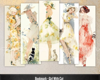 Vintage Watercolor Girl with Cat Bookmarks: Retro Fashion (Digital Download)