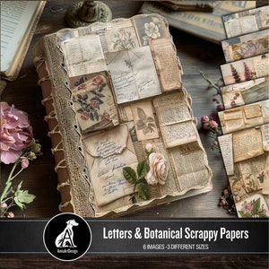 Cartas vintage e papéis botânicos de sucata, páginas de diário de lixo, suporte, papel digital para impressão, papel para scrapbook, imagens de fundo, sépia