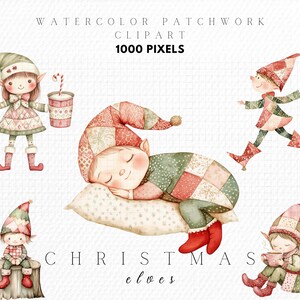 May include: Watercolor illustration of four Christmas elves. One elf is sleeping on a pillow, another is holding a cup, and two are standing. The elves are wearing patchwork clothing with red, green, and white accents. The text "Christmas elves" is written below the elves.