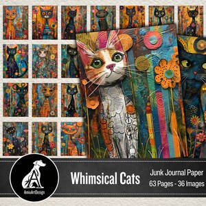 Cercapersone con sfondi misti di gatti stravaganti, carta da parati digitale stampabile Cats Junk Journal, Journal de litière pour chat, gatto floreale Jo