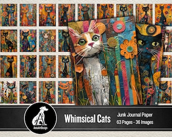 Whimsical Cats Junk Journal Paper: gemengde media afdrukbaar (digitale download)