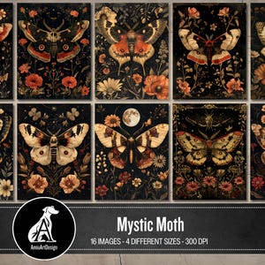 Mystische Motte Junk Journal Seiten, dunkle Motte Schmetterling Scrapbook Papier, Gothic Fantasy Hintergrund, Rückseite, Okkultismus Halloween Digi