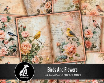Vintage Birds & Floral Digital Paper: Shabby Chic Junk Journal (Digital Download)