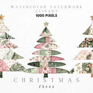 Watercolor Patchwork Winter Clipart, Decorated Christmas Tree, Shimmering Christmas Tree Holiday Designs, Christmas Ephemera Art, Scrapbook