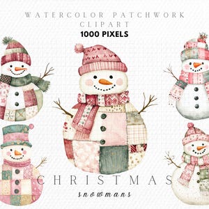 Aquarel patchwork wintervakantie clipart, sprankelende kerstsneeuwpop ontwerp, hoge resolutie kerst png voor knutselen, kerstkaarten