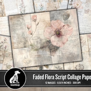 Faded Rose Floral Script Grunge Collage Paper, Vintage Junk Journal Pages, Background Paper, Scrappy Paper, Backing, Printable Digital Paper