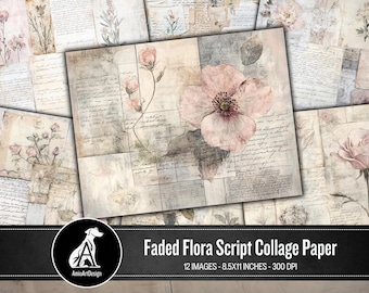 Papel de collage con texto floral: Páginas vintage de diario basura (descarga digital)