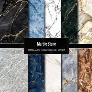 May include: Ten digital marble stone textures in various colours, including black, blue, white, green, and brown. Each texture is 5000 x 5000 pixels and 300 DPI.