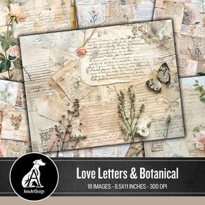 Vintage Letters & Botanical Script Scrappy Paper, Junk journal pages, Printable Digital Paper, Shabby Background Images, Backing, Floral