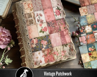 Vintage Distressed Patchwork Afdrukbaar digitaal papier, Scrapbookpapier, Achtergrondafbeeldingen, Shabby, Backing, Junk journal, Scrappy Papers