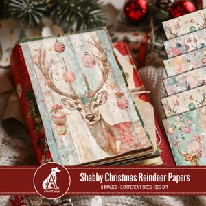 Carta da giornale di Natale Shabby Chic con renne, patchwork pastello, carta digitale stampabile, carta per album, immagini di sfondo, vacanze